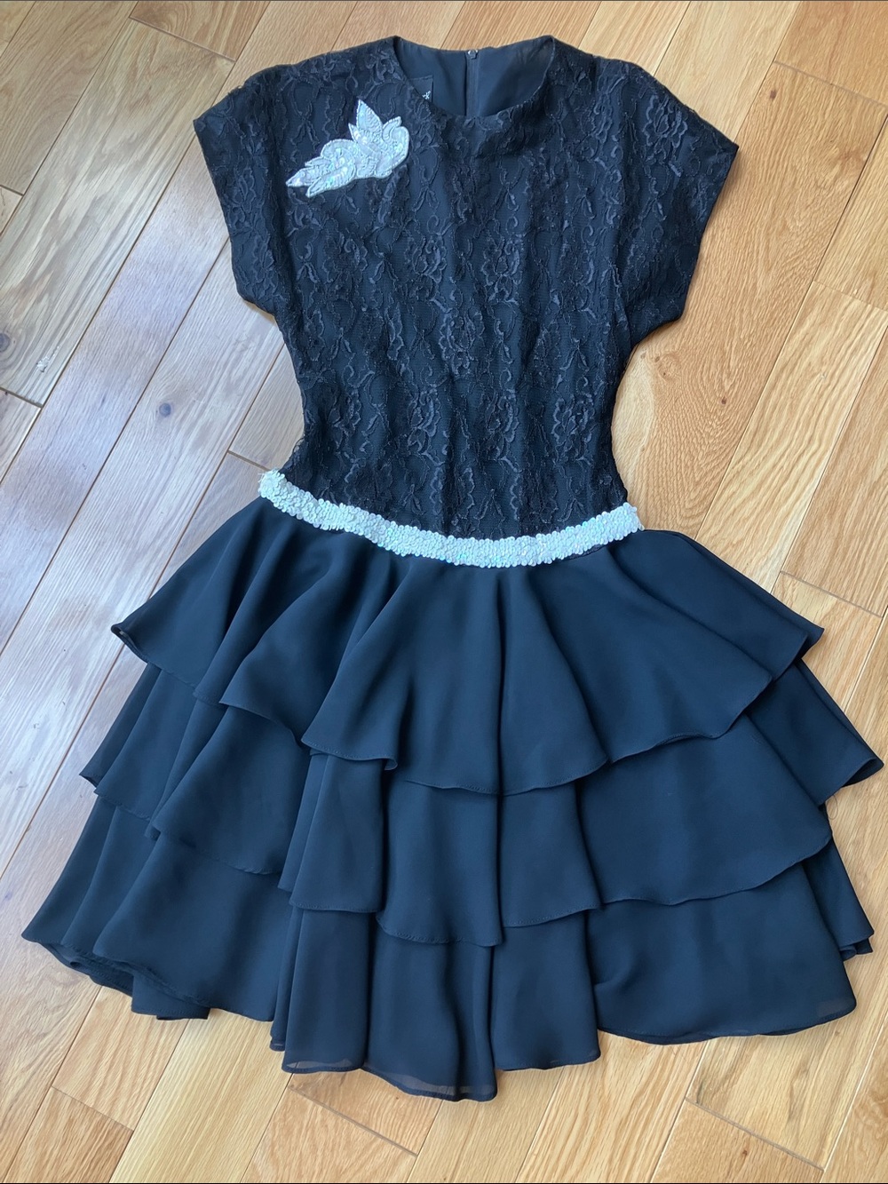 Vintage Black Lace Bodice Tiered Party Dress with appliqué and  Waist Trim
